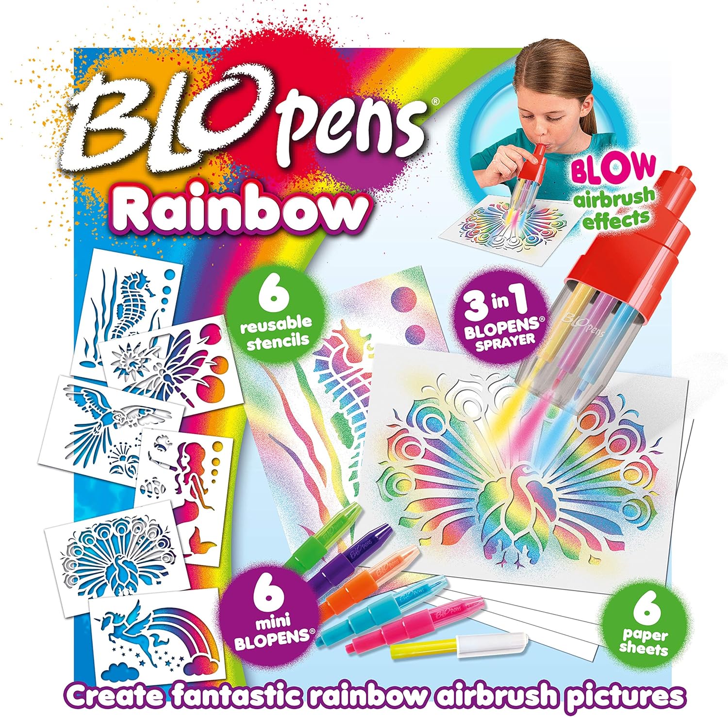 John Adams BLOPENS Rainbow Set - 6 Colour Spray Drawing Kit with Stencils