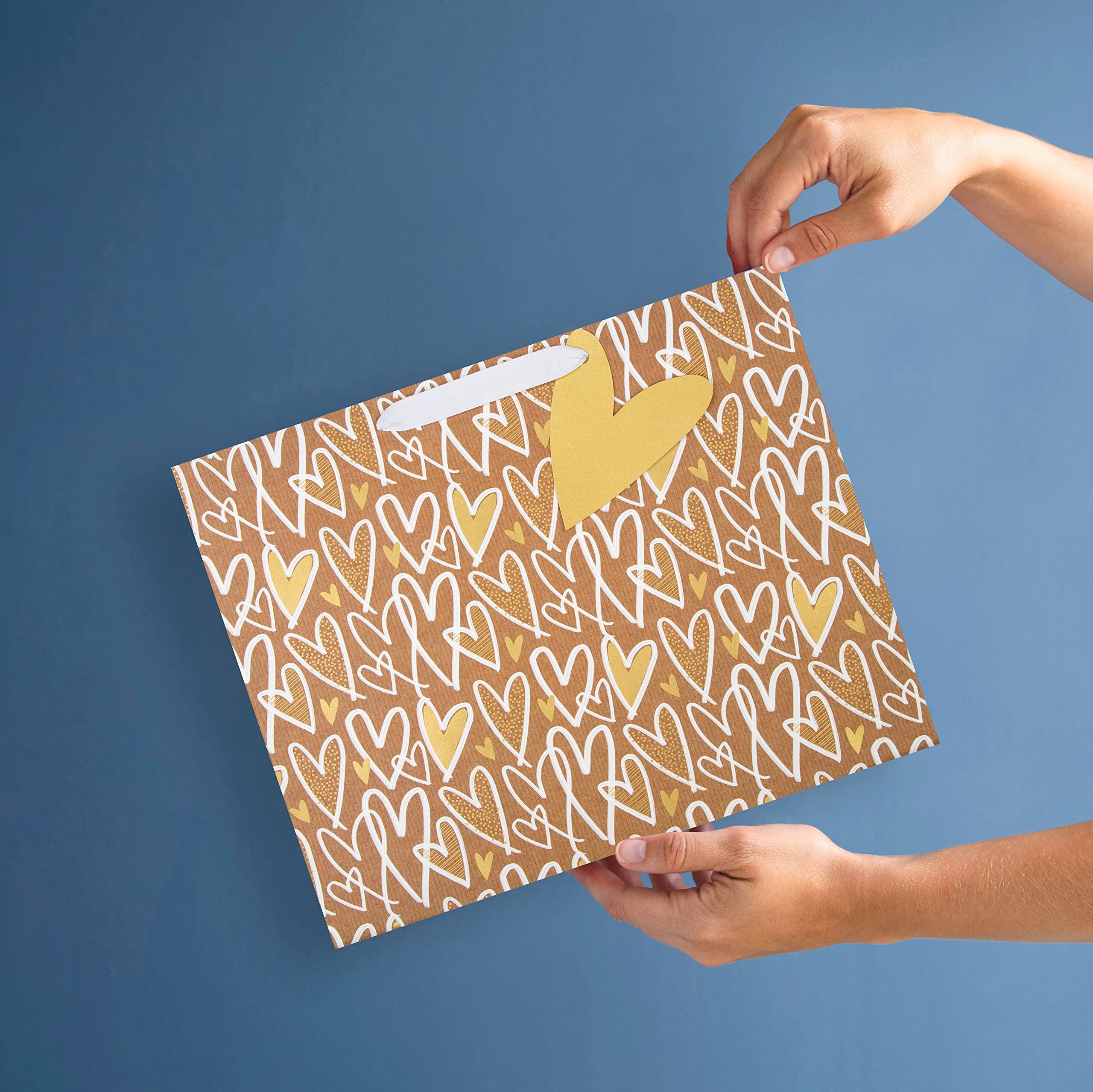 Hallmark Large Gift Bag - Kraft Hearts Design | Gold Foil Accent | 33cm x 26.5cm x 14.6cm
