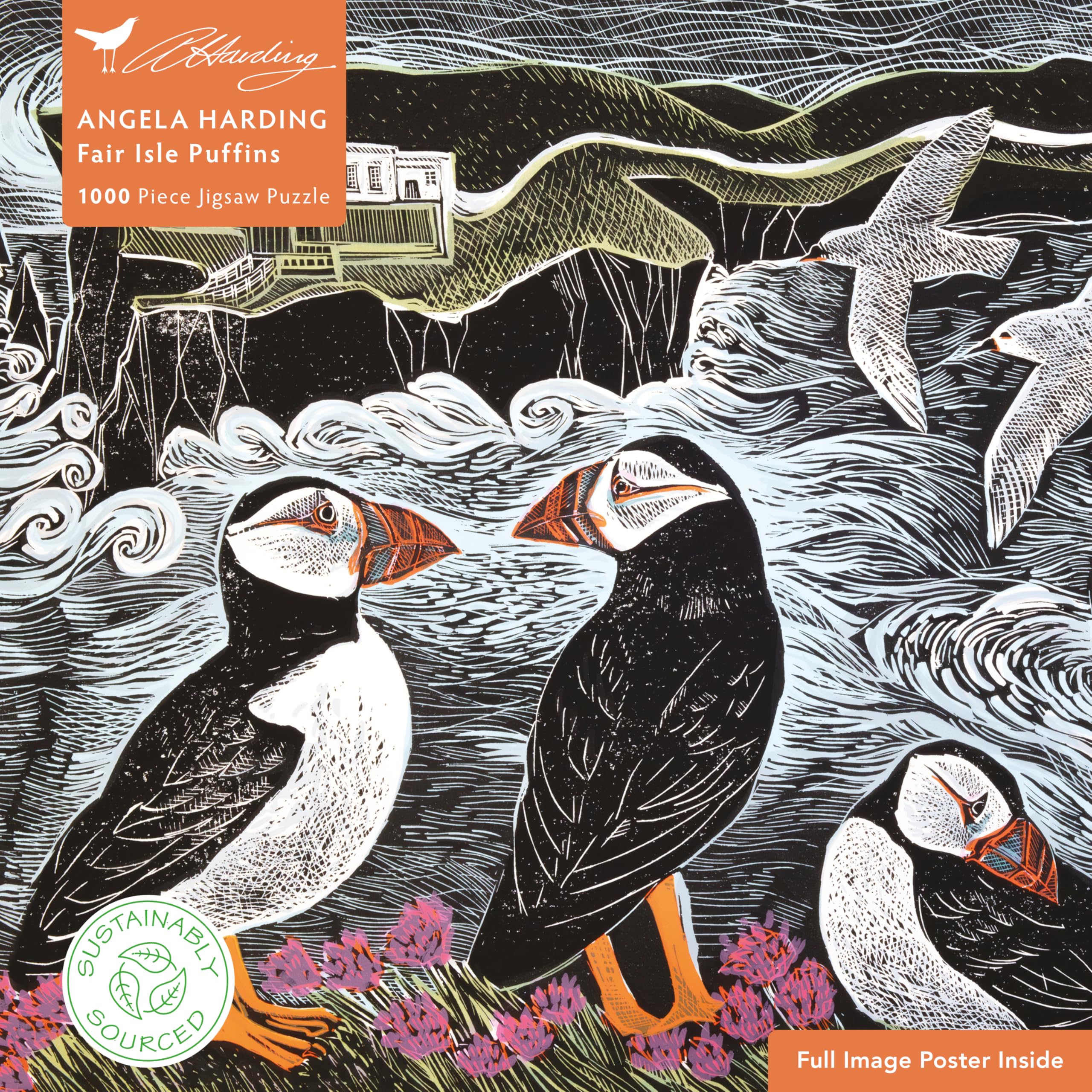 Flame Tree Adult Sustainable Jigsaw Puzzle - Angela Harding Fair Isle Puffins, 1000-Piece