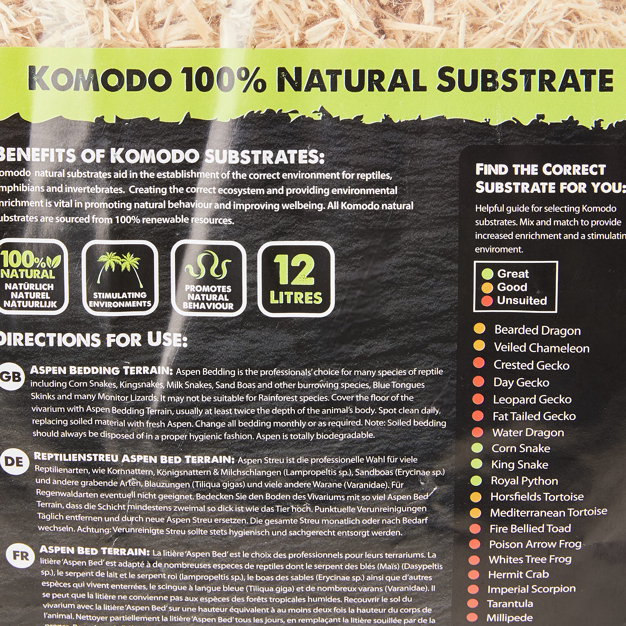 Komodo Aspen Bed Terrain Substrate - 100% Natural Wood Material | 12 Litre 3