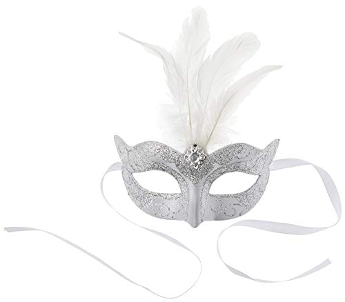 Smiffys Venezianische Glitzer-Augenmaske mit Federn – Silber