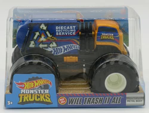 DieCast Hotwheels Monster Trucks Trash It All, [Blau/Orange] Recycling Truck 1:2
