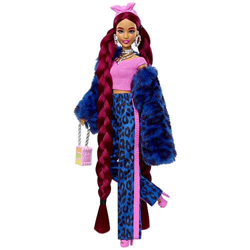 ?Barbie Extra Doll #17 in Leopard-Print Pants & Furry Jacket, with Pet Puppy, Extra-Long Hair & Accessories