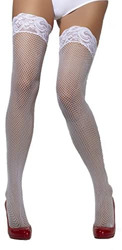 Fever Women’s Fishnet Hold-Ups with Lace Silicone Band, White, One Size, 5020570245507