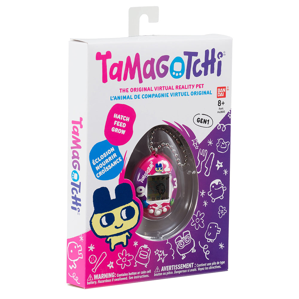 Bandai Tamagotchi Original – „Lila-Pink-Uhr“-Muschel mit Kette – Das Original-Virtual-Reality-Haustier – Beobachten Sie, wie Ihr Charakter wächst und Spiele spielt – Retro-Spielzeug-Schlüsselanhänger im Stil der 90er