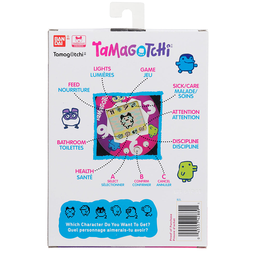 Bandai Tamagotchi Original – „Lila-Pink-Uhr“-Muschel mit Kette – Das Original-Virtual-Reality-Haustier – Beobachten Sie, wie Ihr Charakter wächst und Spiele spielt – Retro-Spielzeug-Schlüsselanhänger im Stil der 90er