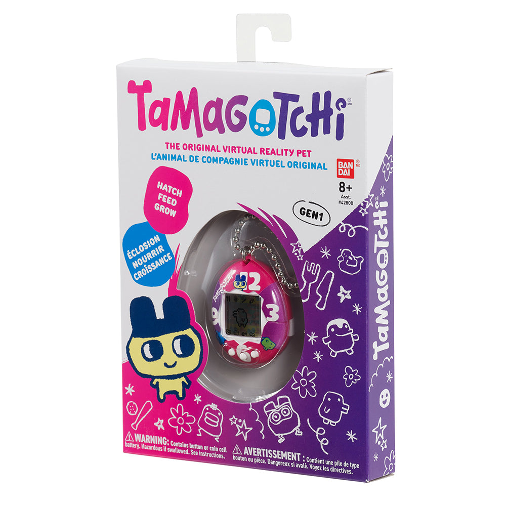 Bandai Tamagotchi Original – „Lila-Pink-Uhr“-Muschel mit Kette – Das Original-Virtual-Reality-Haustier – Beobachten Sie, wie Ihr Charakter wächst und Spiele spielt – Retro-Spielzeug-Schlüsselanhänger im Stil der 90er