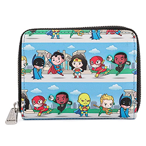 Loungefly DC Superheroes Chibi Lineup Faux Leather Zip Around Wallet, Cute Wallets Fashion Accessories, 5.5 Inches
