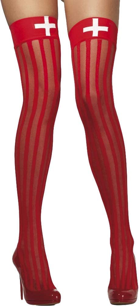 Fever Transparente halterlose Strümpfe für Damen mit vertikalen Streifen, Rot mit weißem Kreuzdruck, Einheitsgröße