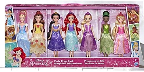 Disney Princess Party Dress-pakket, inclusief Ariel, Aurora, Belle, Assepoester, Jasmine, Rapunzel en Tiana Fashion Dolls