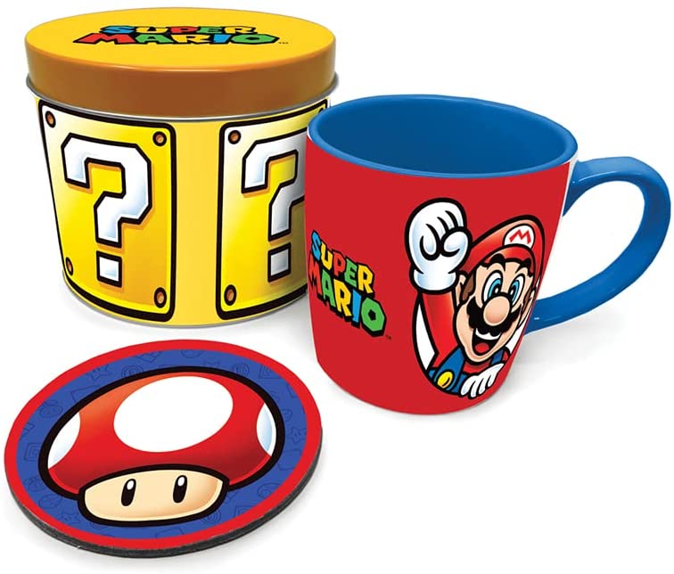 Super Mario Geschenkset mit Tasse und Untersetzer in wiederverwendbarer Geschenkdose – offizielles Mercha
