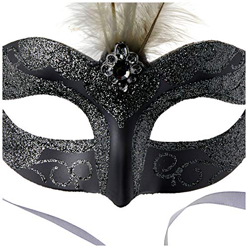 Smiffys Venezianische Glitzer-Augenmaske mit Federn – Silber