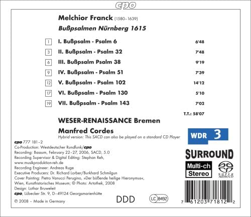 Melchior Franck: Bußpsalmen 1615 [Audio CD]