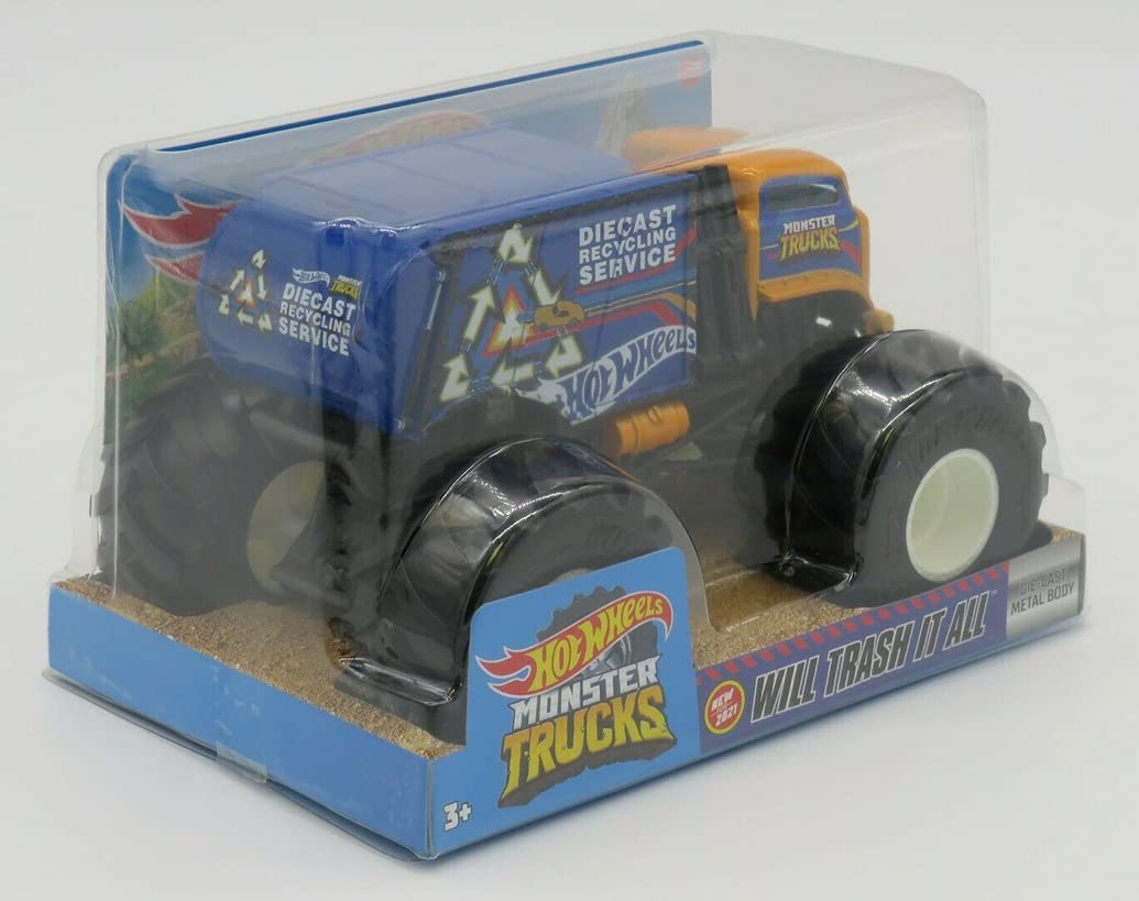 DieCast Hotwheels Monster Trucks Trash It All, [Blau/Orange] Recycling Truck 1:2