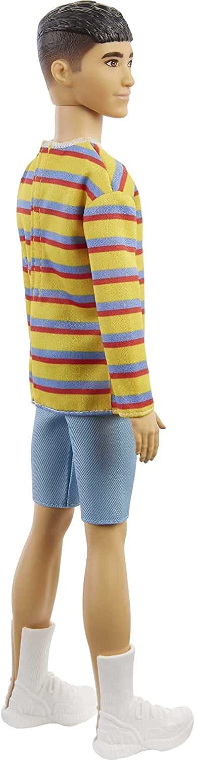 Barbie GRB91 Ken Fashionistas-Puppe Nr. 175 mit geformtem brünettem Haar, trägt ein langärmliges, bunt gestreiftes Hemd, mehrfarbig, 31,75 cm x 5,08 cm x 11,43 cm