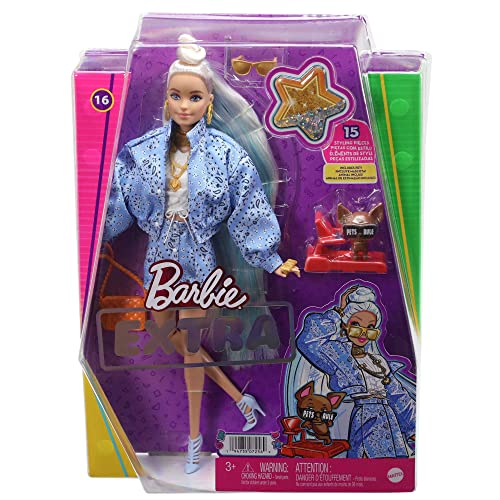 ?Barbie Extra-Puppe Nr. 16 in blauem Rock und Jacke mit Paisley-Print, mit Haustierwelpe, extralangen Haaren und Accessoires