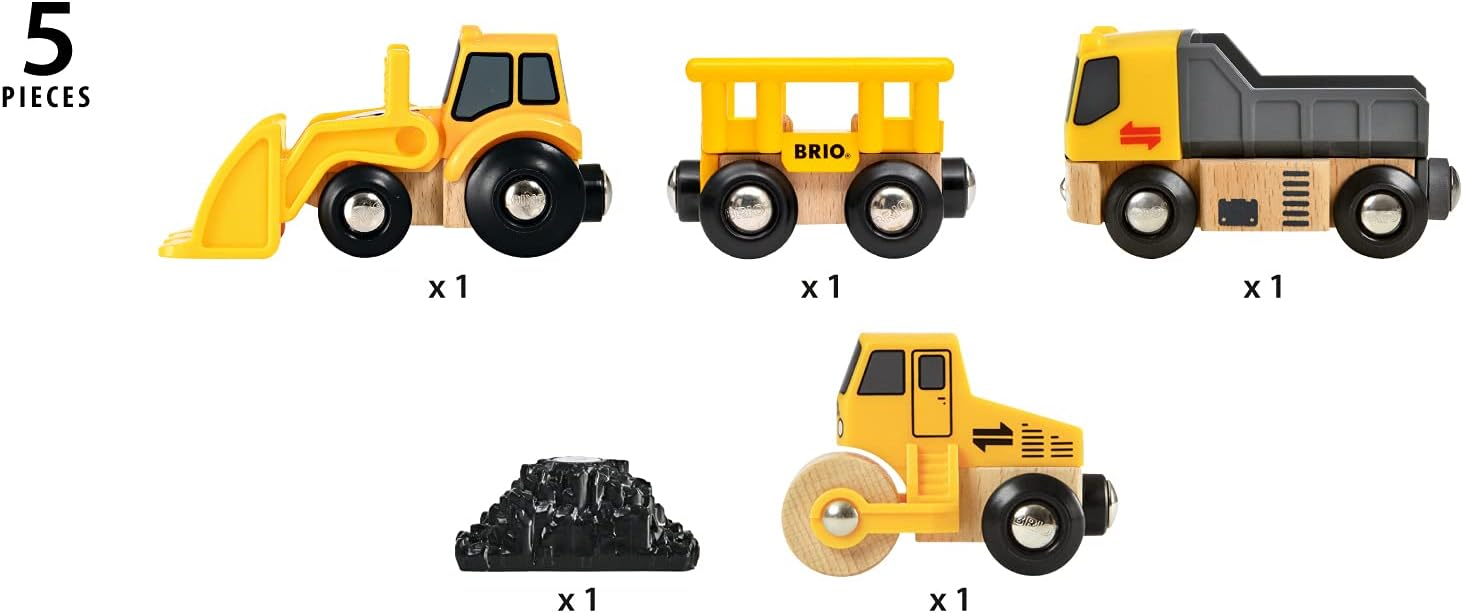 BRIO 33658 Construction Vehicles Train Set - 5-Piece Wooden Toy Truck Set for Kids 10