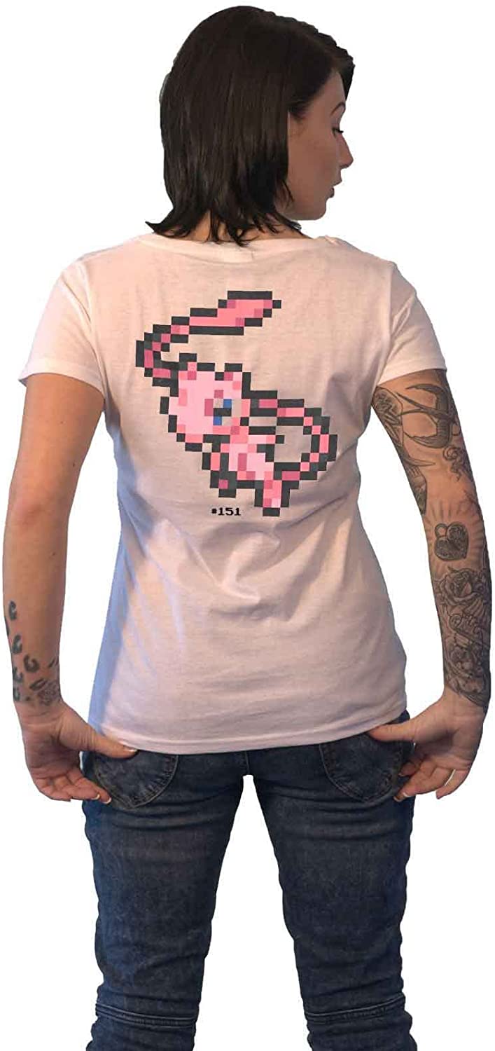 Pokemon Nue Offizielles Damen-T-Shirt Mew Pixel Back Print Logo Weiß, Weiß, Lar