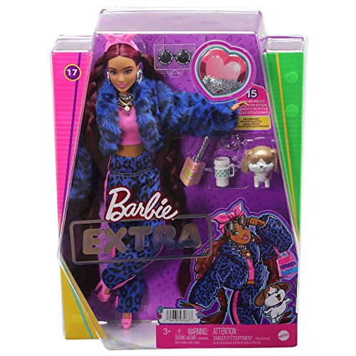 ?Barbie Extra-Puppe Nr. 17 in Hose mit Leopardenmuster und pelziger Jacke, mit Haustierwelpe, extralangen Haaren und Accessoires
