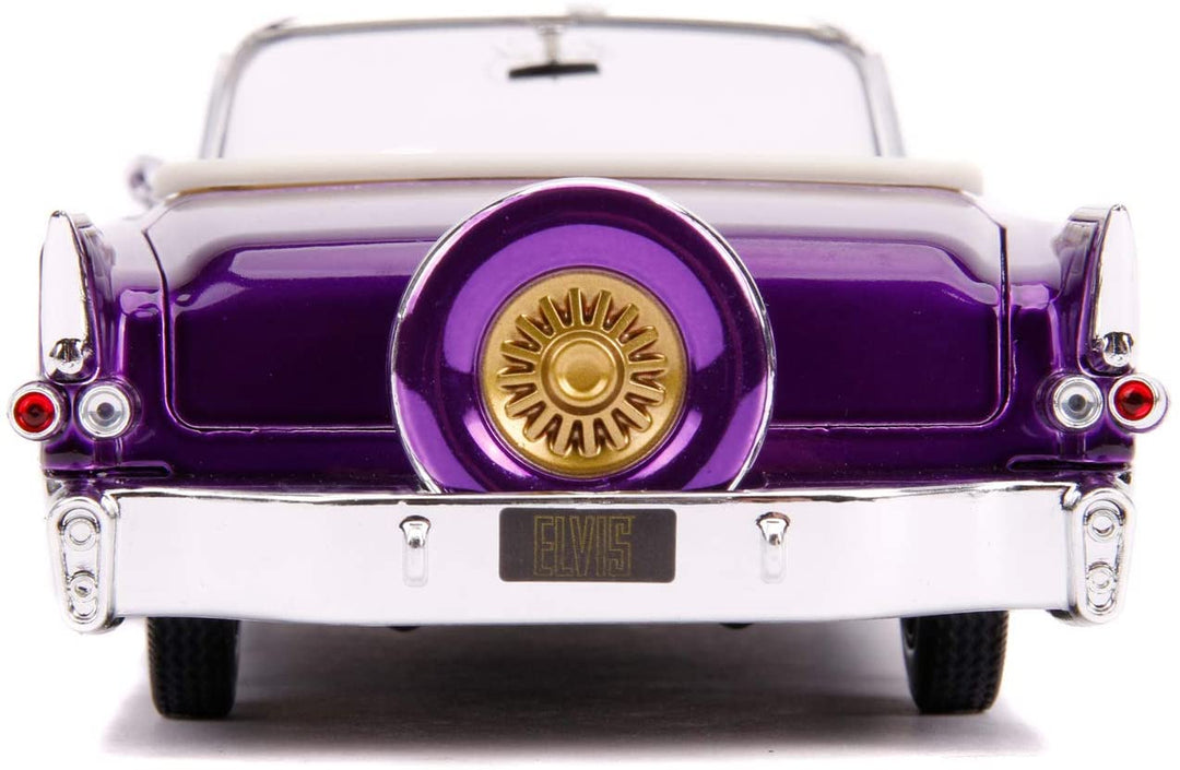 Jada Toys 253255011 1956 Presley Cadillac Eldorado Druckguss-Spielzeugauto, Türen, Kofferraum und Motorhaube offen, inklusive Elvis-Figur, Maßstab 1:24, Lila