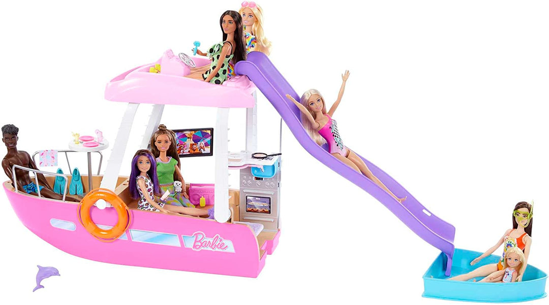 Barbie-Boot mit Pool und Rutsche, Traumboot-Spielset enthält mehr als 20 Teile wie Dol