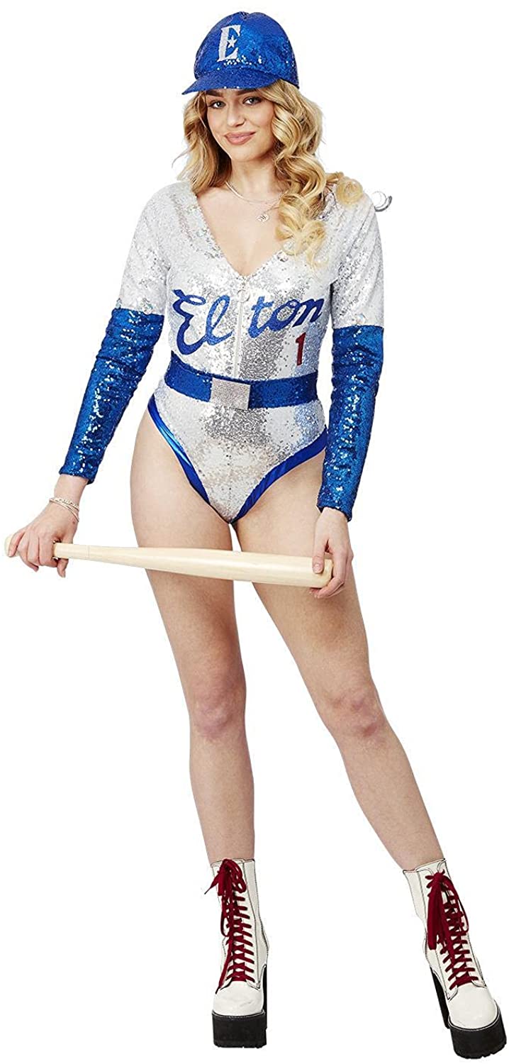 Offiziell lizenziertes Elton John Deluxe Pailletten-Baseball-Kostüm für Damen von Smiffys