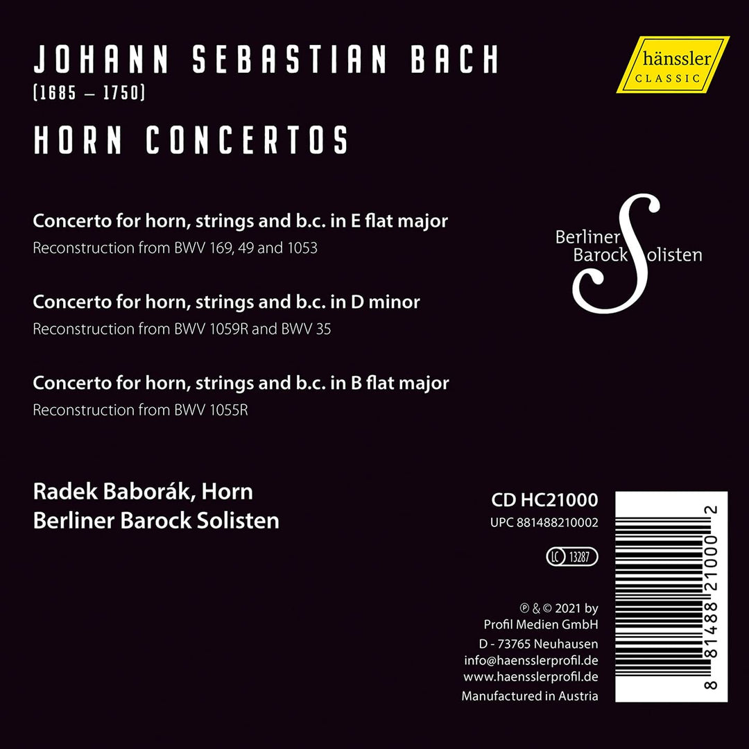 Radek Baborak - Bach: Horn Concertos [Radek Baborák; Berliner Barock Solisten] [Hanssler Classics: HC21000] [Audio CD]