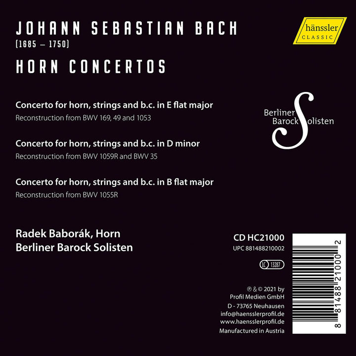 Radek Baborak - Bach: Horn Concertos [Radek Baborák; Berliner Barock Solisten] [Hanssler Classics: HC21000] [Audio CD]