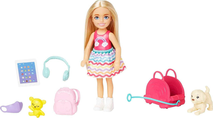 Barbie Chelsea Doll & 6 Accessories, Travel Set with Puppy, Pet Carrier & Backpack