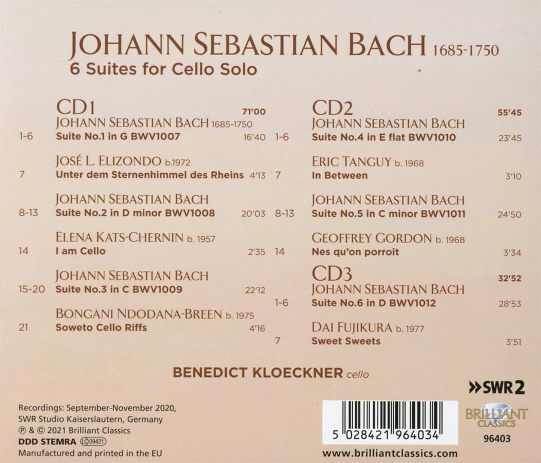 Benedict Kloeckner - JS Bach, 6 Suites for Cello Solo BWV 1007-1012 [Audio CD]
