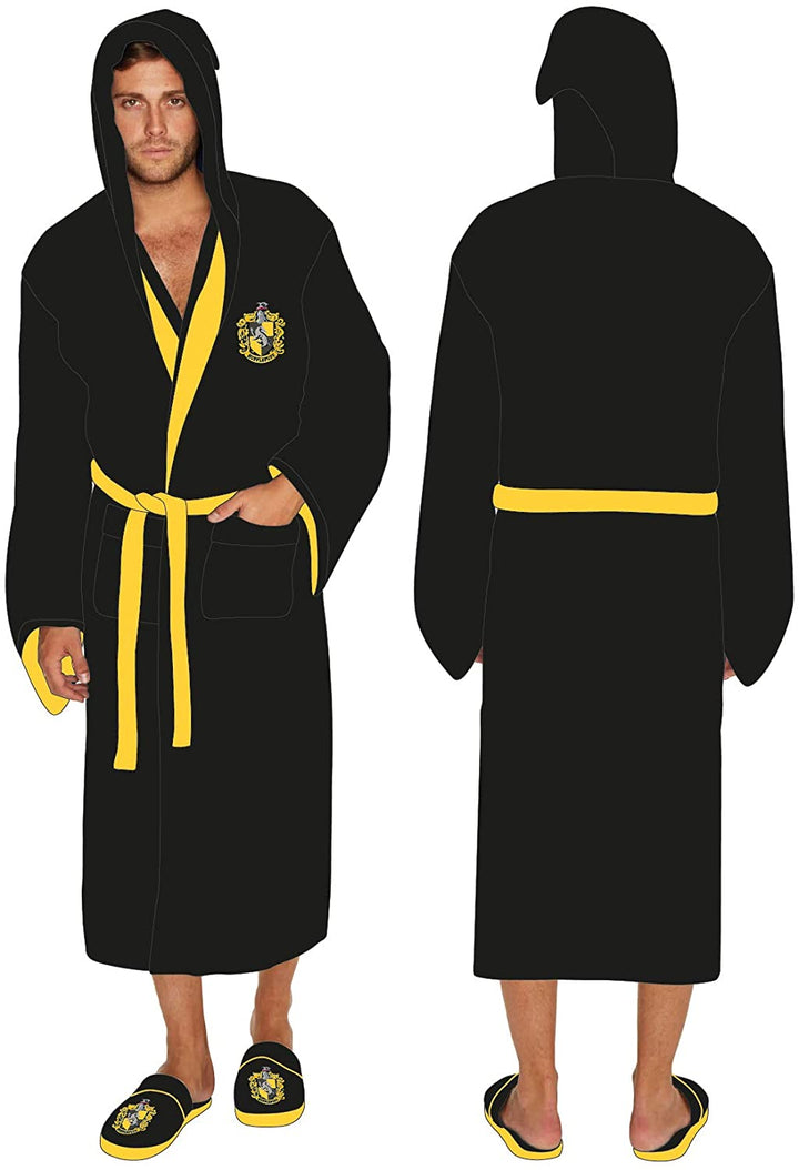 Groovy Hufflepuff Harry Potter Hooded Bathrobe, Polyester, Black, One Size