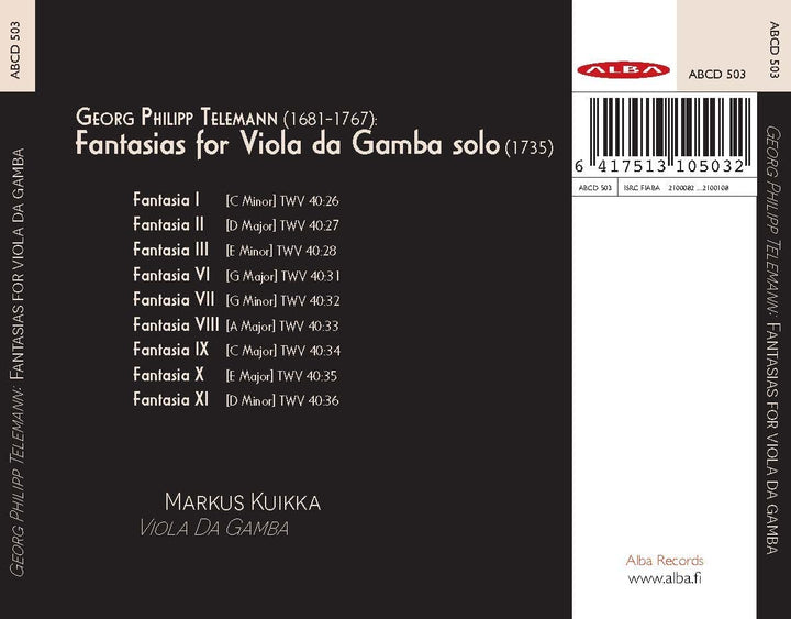 Telemann: Fantasien für Viola da Gamba [Markus Kuikka] [Alba: ABCD503] [Audio CD]
