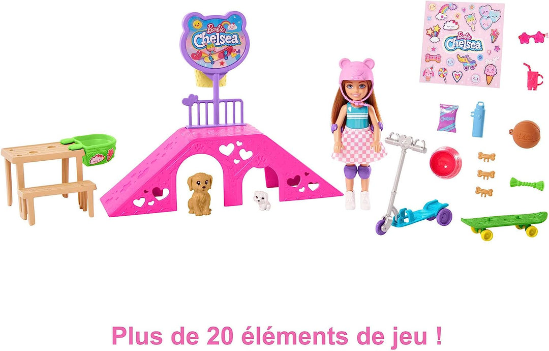 ?Barbie-Spielzeug, Chelsea-Puppe und Zubehör, Skatepark-Spielset mit 2 Welpen, Sk