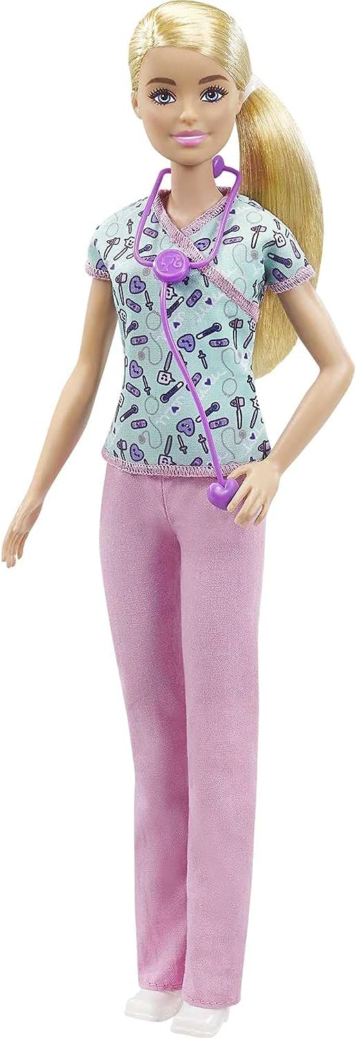 Barbie Nurse Blonde Doll with Scrubs Featuring a Medical Tool Print Top & Pink Pants, White Shoes & Stethoscope, Gift for Ages 3 Years