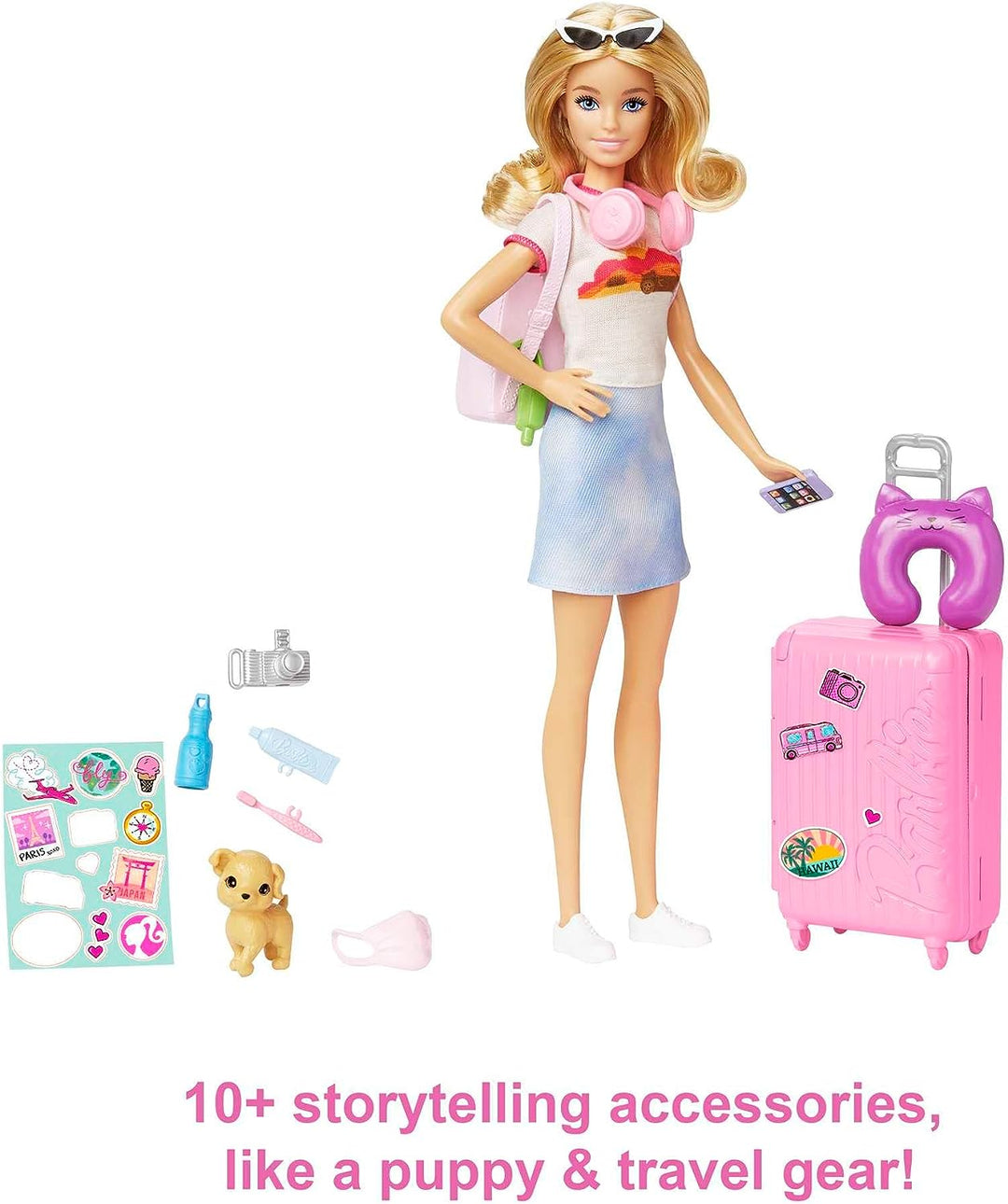 Barbie Doll and Accessories, “Malibu” Travel Set with Puppy and 10+ Pieces Including Working Suitcase