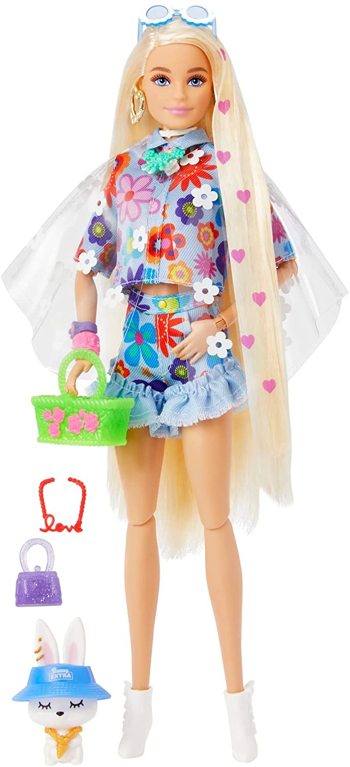 Barbie Extra-Puppe Nr. 12 im zweiteiligen Blumen-Outfit mit Haustierhase, für 3-Jährige und