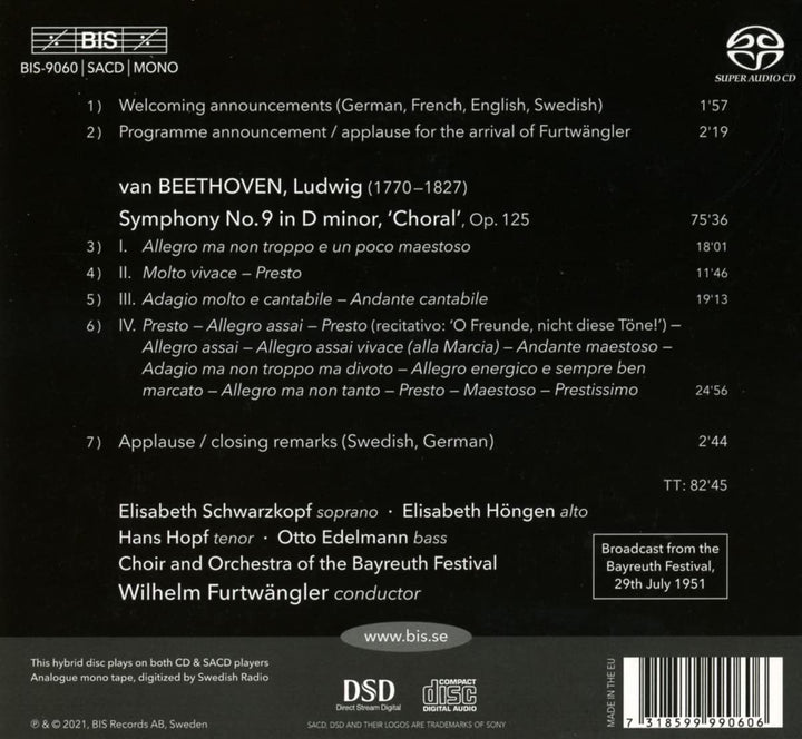 Chor Der Bayreuther Festspiele  - Beethoven: Symphony No. 9 [Elisabeth Schwarzkopf; Elisabeth Höngen; Hans Hopf; Otto Edelmann; Orchestra of the Bayreuth Festival; Wilhelm Furtwängler] [Bis: BIS9060] [Audio CD]
