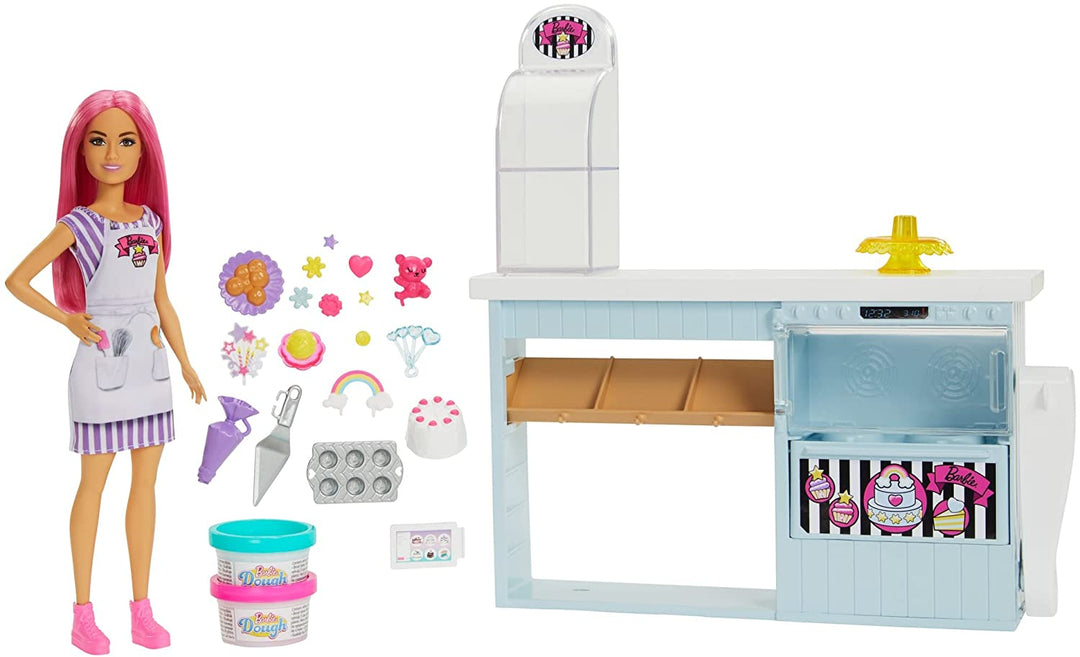 Barbie-Bäckerei-Spielset mit 12-Zoll-Puppe, rosa Haaren, Bäckereistation und Kuchenmaschine