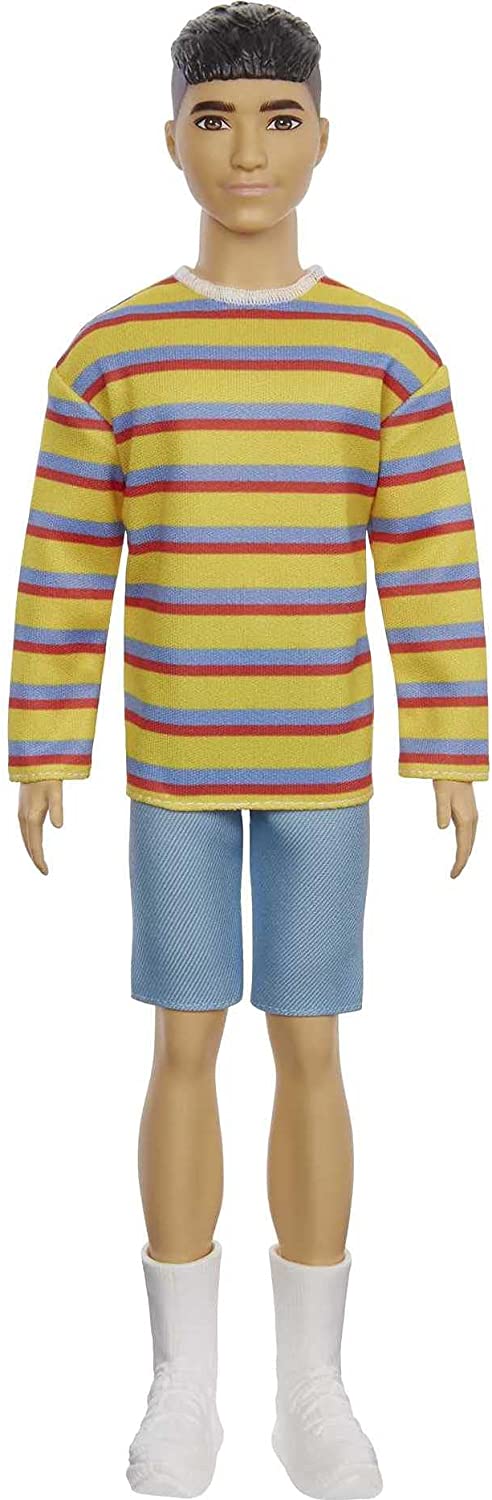 Barbie GRB91 Ken Fashionistas Doll #175 with Sculpted Brunette Hair Wearing a Long-sleeve Colorful Striped Shirt, Multicolor, 31.75 cm*5.08 cm*11.43 cm