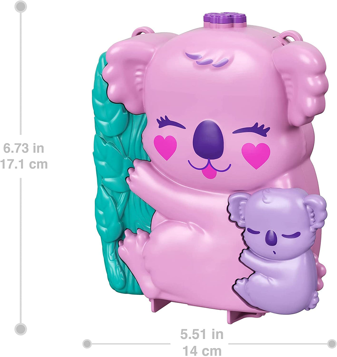 Polly Pocket Koala Adventures Tragbare Geldbörse, kompakt, mit Mikro-Polly-Puppe und Freund-Puppe, 8 Outdoor-Funktionen, 5 Tieren und abnehmbarem Fahrzeugzubehör, tolles Geschenk für Kinder ab 4 Jahren