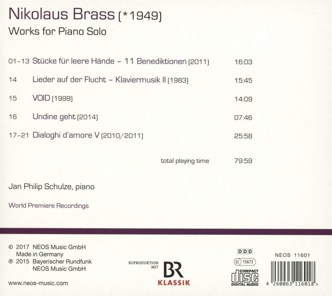 Jan Philip Schulze - Nikolaus Brass: Works For Piano Solo [Audio CD]