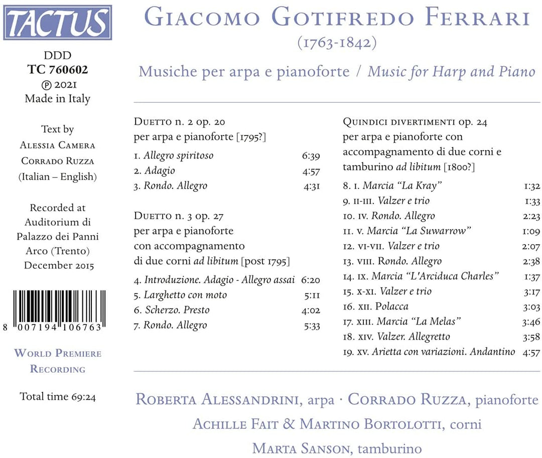 Roberta Alessandrini - Ferrari: Musik für Harfe [Roberta Alessandrini; Achille Fait; Martino Bortolotti; Marta Sanson; Corrado Ruzza] [Tactus: TC 760602] [Audio CD]