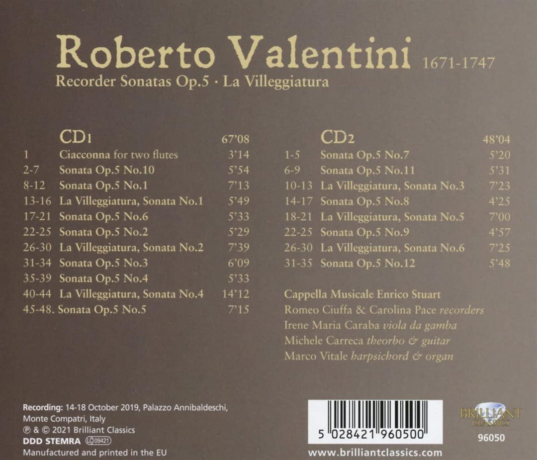 Valentini: Recorder Sonatas Op.5, La Villeggiatura [Audio CD]