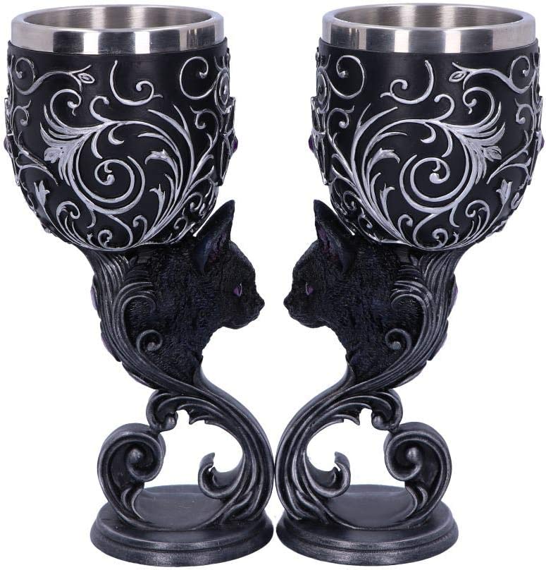 Nemesis Now Hex Twin Cat Heart Set of Two Goblets, Resin w/Stainless Steel Inser