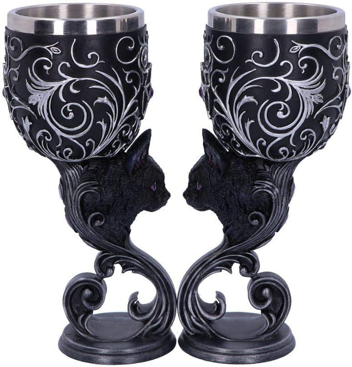 Nemesis Now Hex Twin Cat Heart Set of Two Goblets, Resin w/Stainless Steel Inser