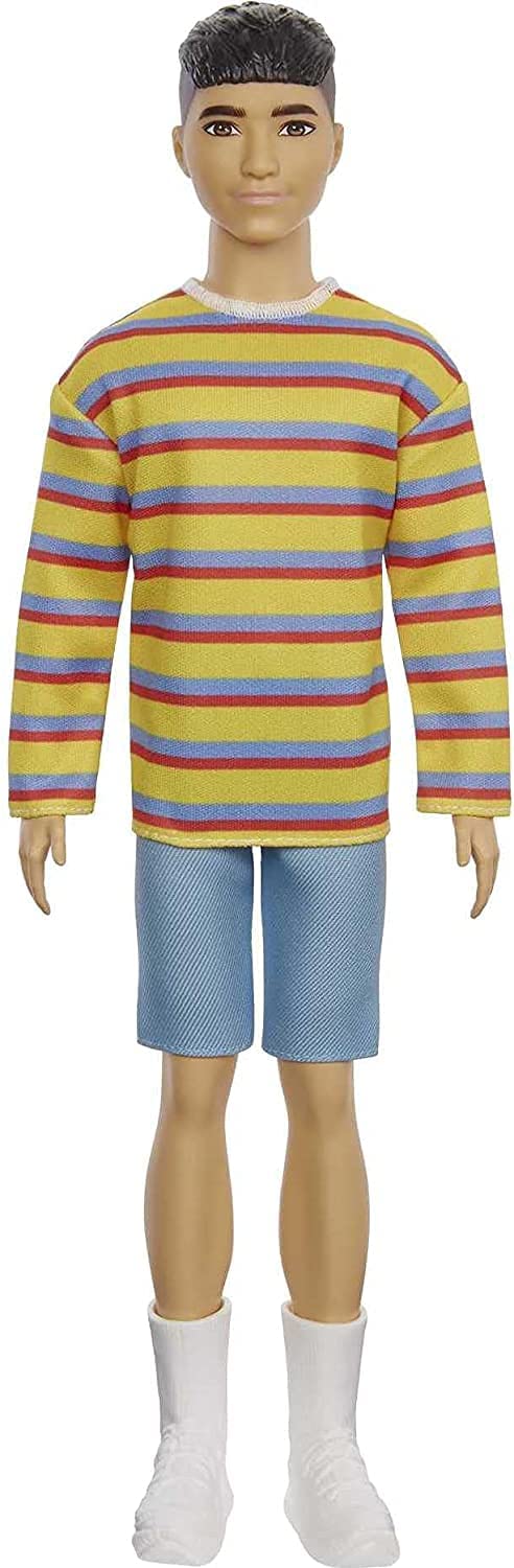 Barbie GRB91 Ken Fashionistas Doll #175 with Sculpted Brunette Hair Wearing a Long-sleeve Colorful Striped Shirt, Multicolor, 31.75 cm*5.08 cm*11.43 cm