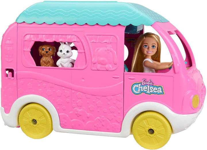 Barbie Camper, Chelsea 2-in-1 Playset with Small Doll, 2 Pets & 15 Accessories