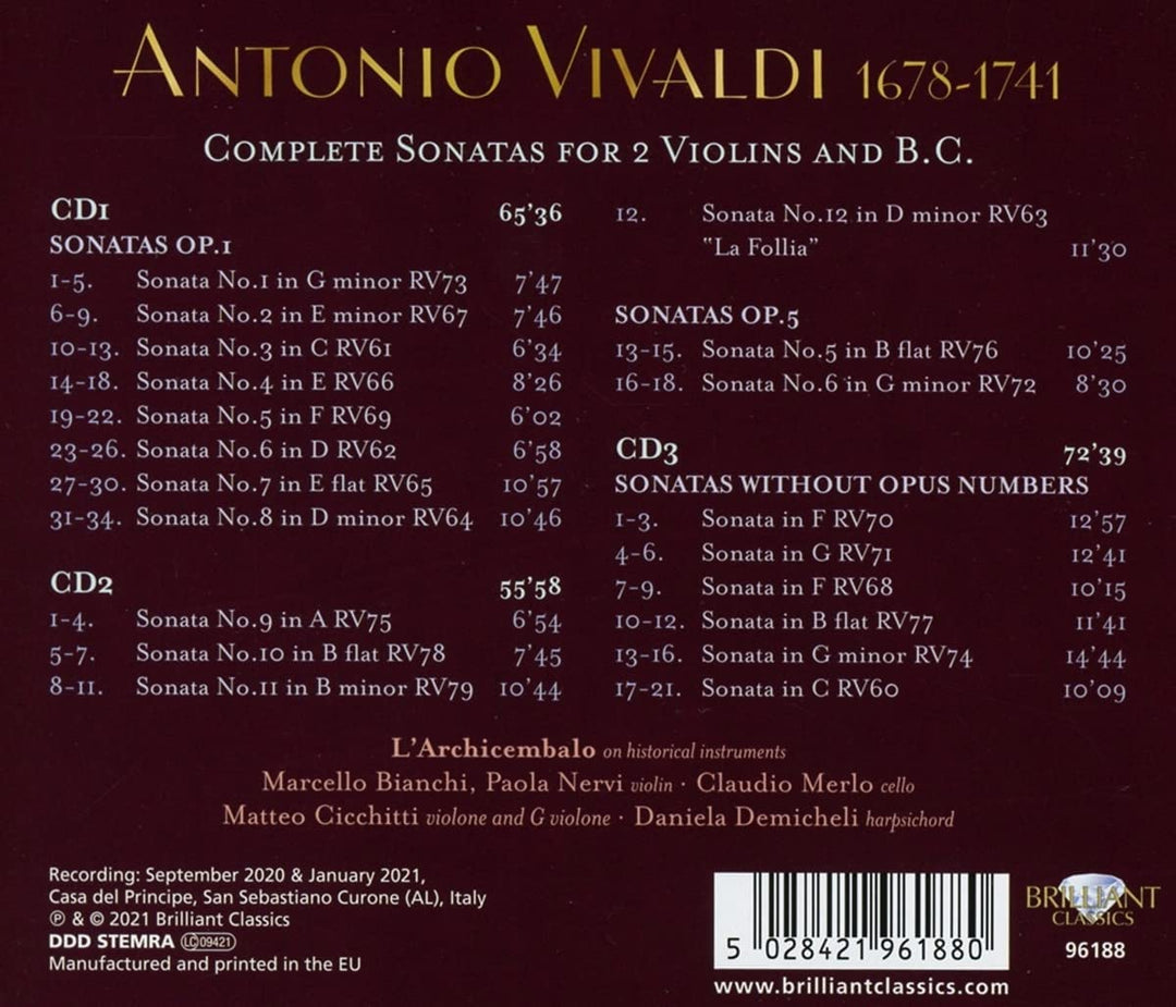 L'archicembalo - Vivaldi: Complete Sonatas for 2 Violins and B.C. [Audio CD]