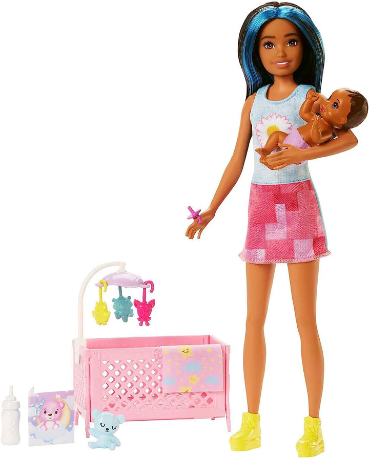 Barbie-Puppe und Zubehör, Kinderbett-Spielset mit Skipper-Friend-Puppe, Babypuppe mit