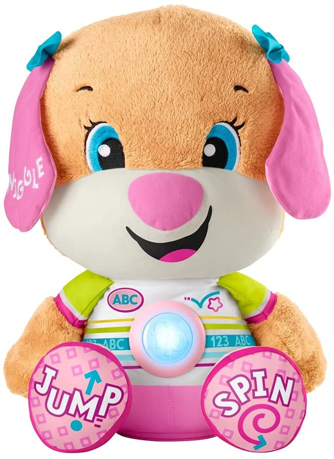 Fisher-Price Laugh & Learn So Big Sis - UK English Edition, Large Musical Plush Puppy Toy with Learning Content for Infants and Toddlers
